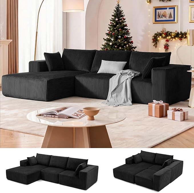 108” Modular Sectional Sofa, Cloud Sectional Couch with Deep Seat, Modern Modular L-Shape Sofa Couch with Chaise,Upholstered Boneless Couches for Living Room Bedroom (Black, Left Facing Chaise)