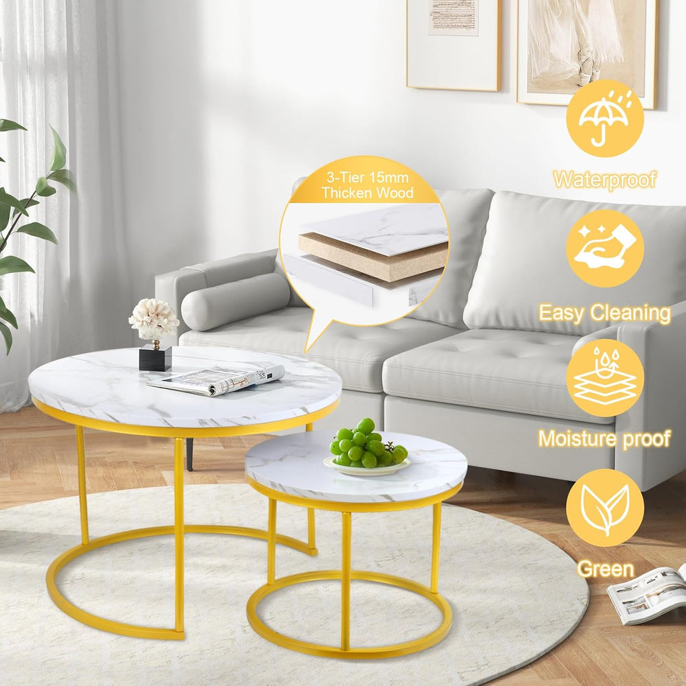 Round Nesting Coffee Tables Set: White Gold Marble Nesting Coffee Table Set o...