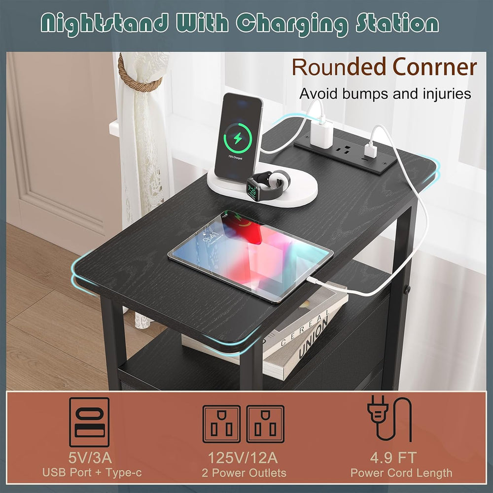 shtmec Narrow End Table Set of 2 with Charging Station, LED Side Tables Set 2...
