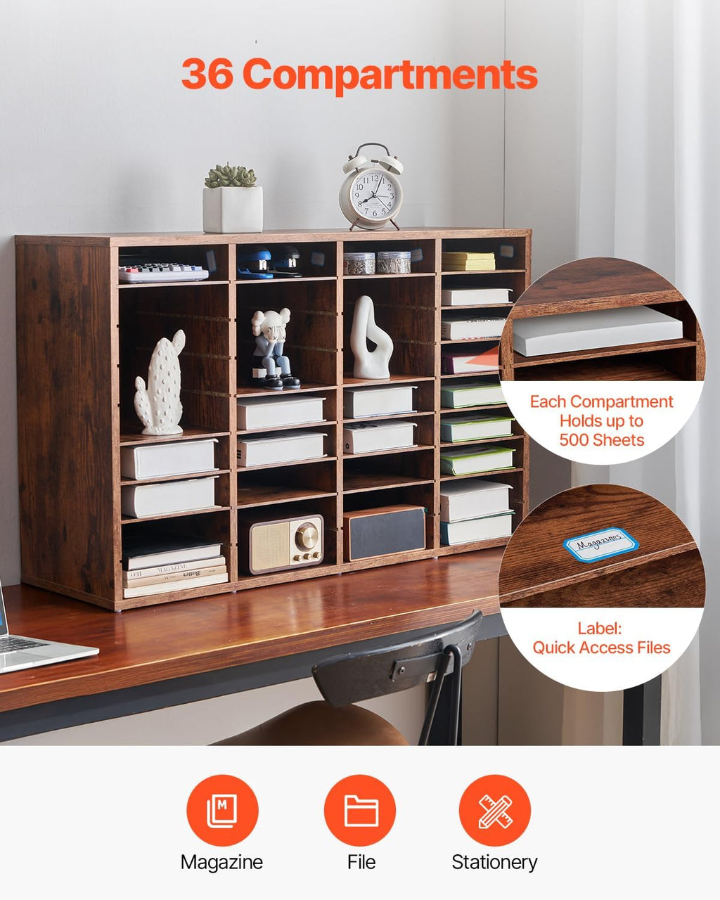 VEVOR Literature Organizer, 36 Compartments Office Mailbox with Removable Shelves, Wood Mailbox Sorter Particle Board Office Home Classroom Storage, File Sorter for File, Document, Paper, Retro Brown
