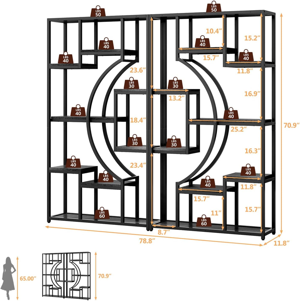 LGHM Bookshelf Set of 2 with Metal Frame, 5 Tier Geometric Bookcase, Adjustab...