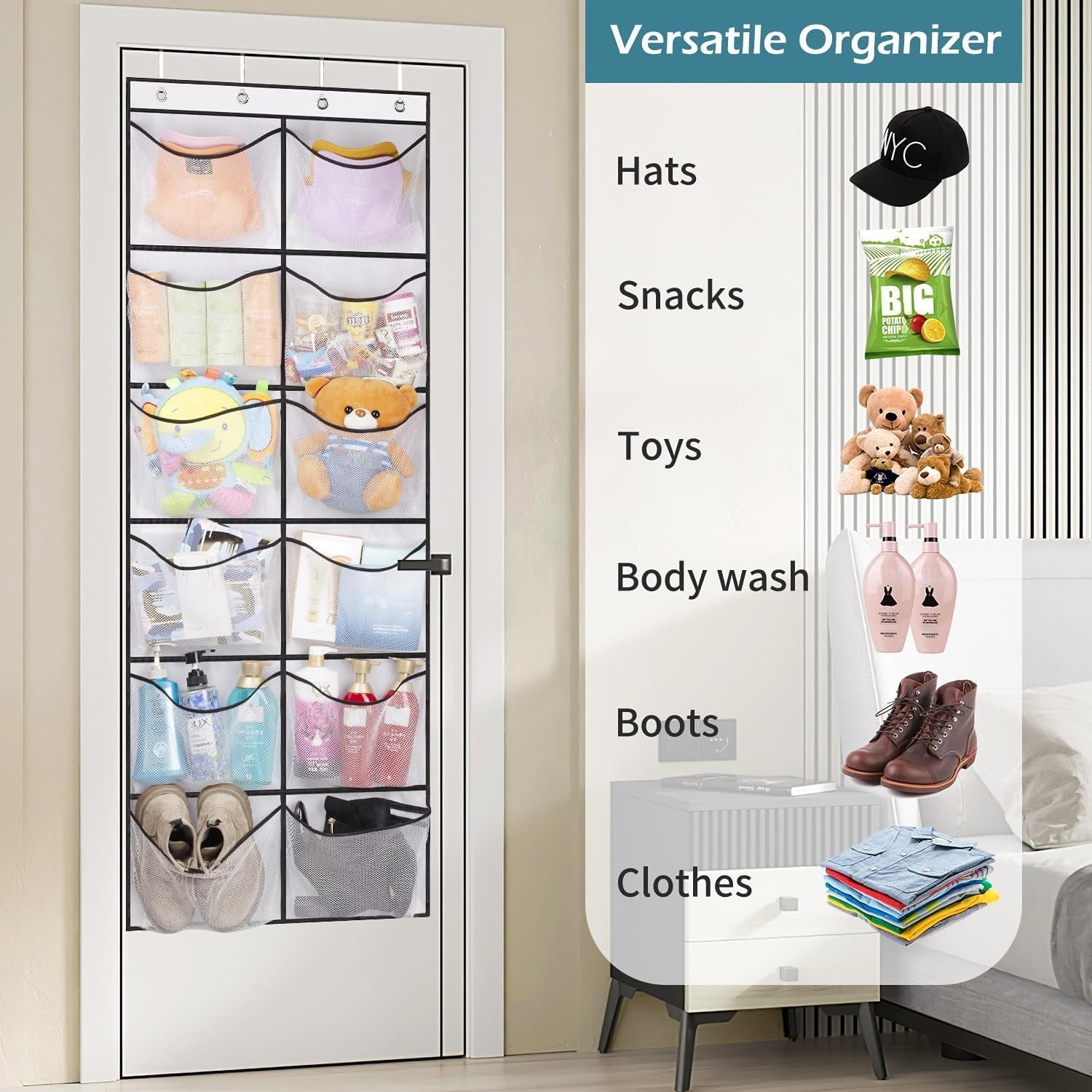 Over The Door Shoe Organizer 12 Large Mesh Pockets Boots Hanging Storage Shoe Rack for Closet White