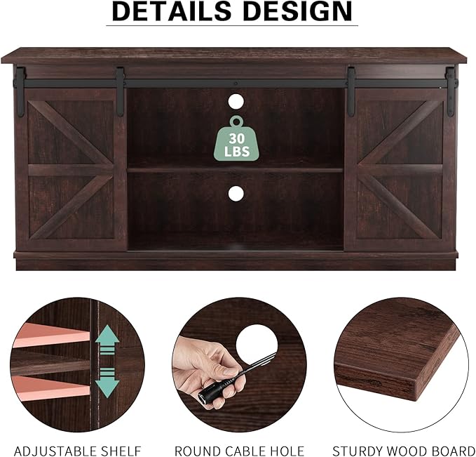 YESHOMY TV Stand for Televisions up to 65 Inches, with Sliding Barn Doors and Storage Cabinets, Console Table and Media Furniture for Living Room, 58 Inch, Espresso