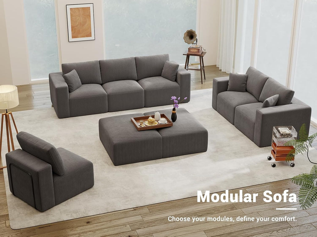 Modular Sectional Sleeper Sofa Couches for Living Room - Modern 110" L-Shaped Boneless Cloud Couch - Easy Assembly, Cozy Corduroy Convertible Full Sponge Compression Sofas for House, Apartment(Grey)