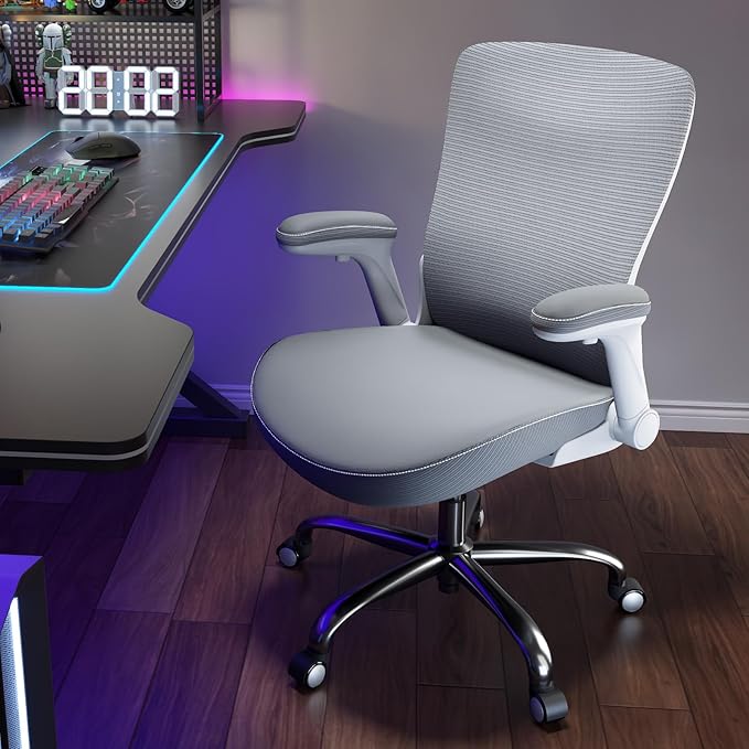 Ergonomic Office Chair-Computer PU Leather X-Shaped Desk Chair-Gaming Chair with Adjustable Flip-up Armrests Lumbar Support Mesh Executive Chair for Long Hours Office (Grey)