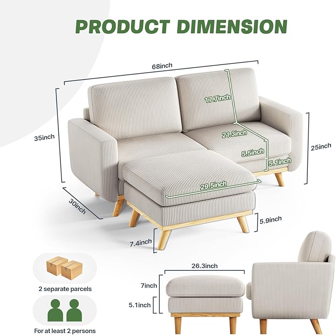 Vesgantti 68" Loveseat Sofa with Movable Ottoman, Comfy Corduroy Couch with Spring Cushion, Sofa Couch with Solid Wood, Modern Office Sofa with Deep Seat for Living Room and Bedroom, Light Gray