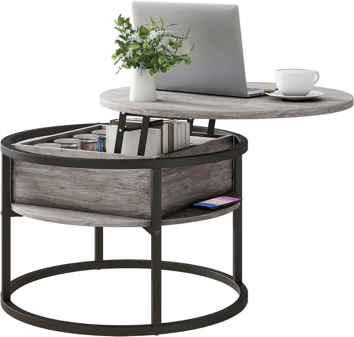 HOJINLINERO Round Coffee Table with Storage,Lift Top Coffee Table for Living Room Reception Room,2 Tier Small Round Table Dining Center,Grey