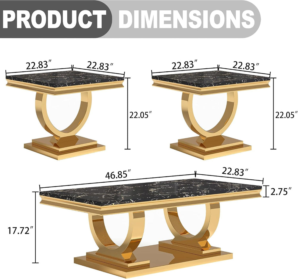 Marble Coffee Table Set of 3, Includes 1 Coffee Table with 2 Square End Side ...