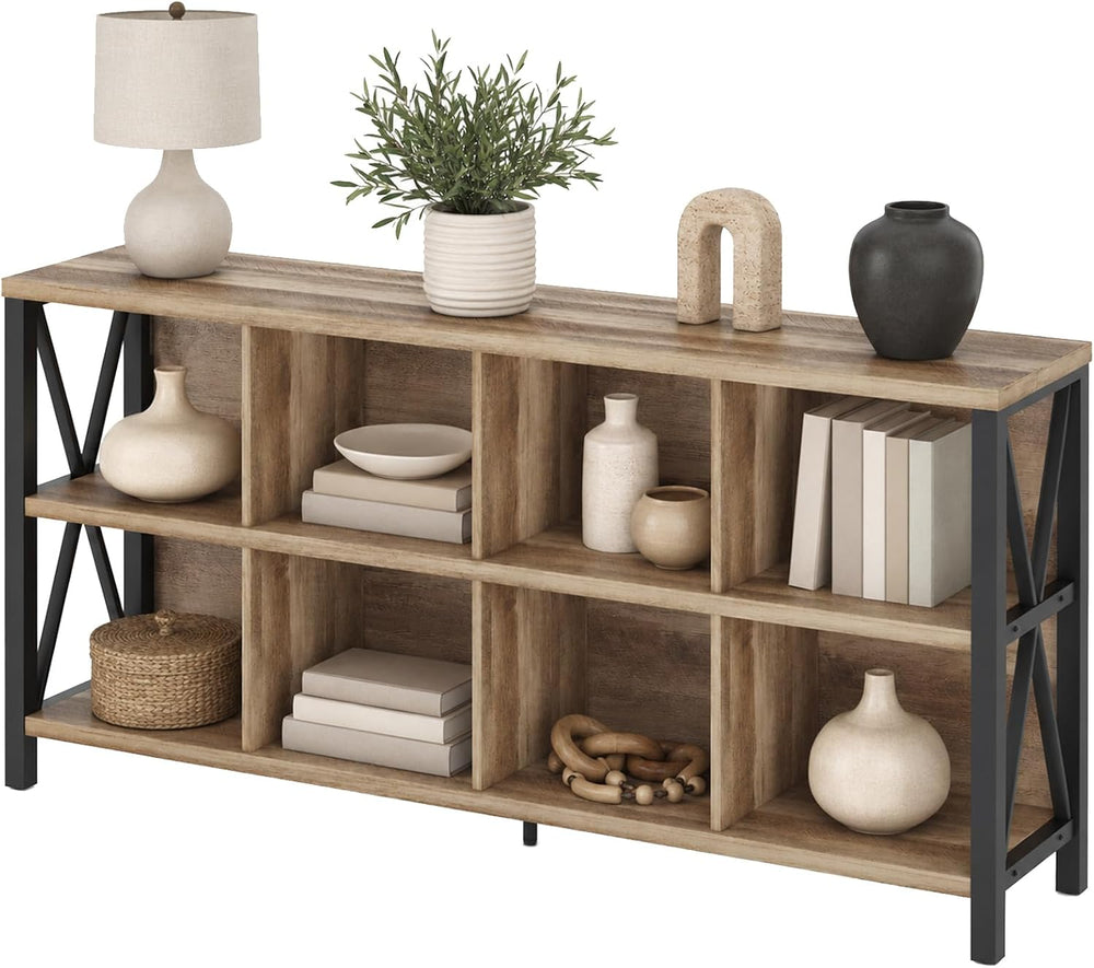 FATORRI 8 Cube Storage Organizer Bookshelf, 62 Inch Rustic Wood Horizontal Bo...