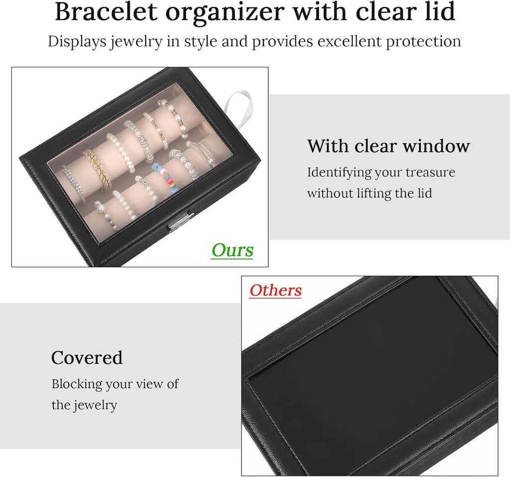 Bracelet Display Holder with Rods for Bangles Watches, Clear Lid Jewelry Organizer Box Storage Case for Women Girls -Black