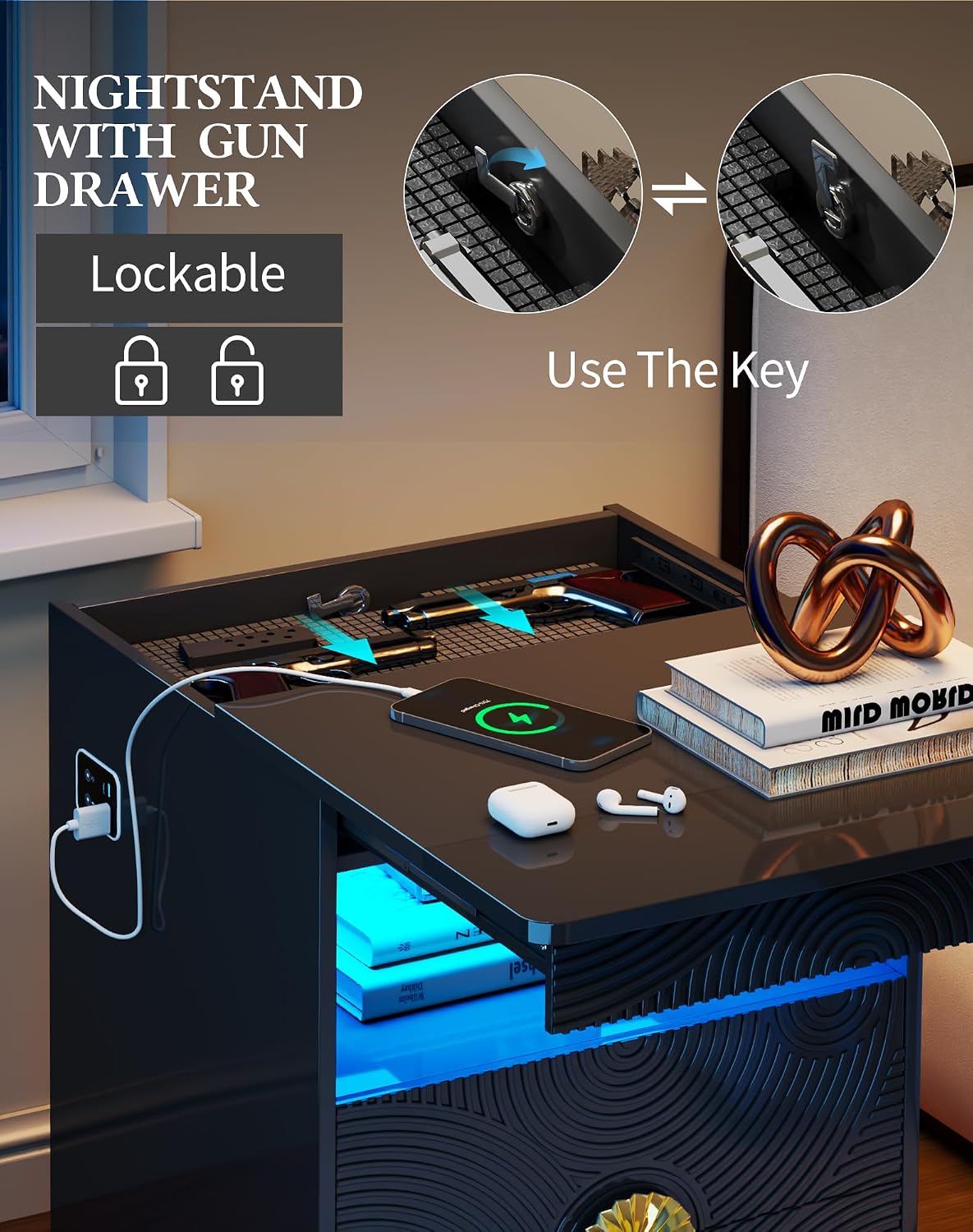 FREDEES LED Night Stand with Gun Drawer & LED Light | 3-Color Lights & Human Body Sensor, Smart Charger Station, 2 DrawersHidden Storage, End Table Bedroom Livingroom