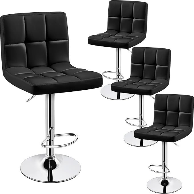 Yaheetech Bar Stools Set of 4, PU Leather Swivel Barstools, Height Adjustable Counter Chairs with Back for Bar Kitchen Island Dining Room, 300lb Capacity, Black
