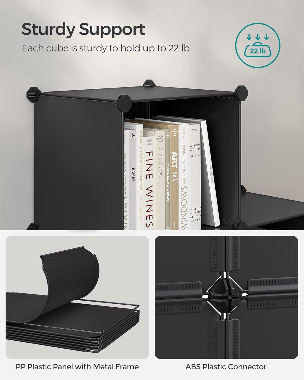 SONGMICS 6 Cube Storage Organizer, Modular Bookshelf, DIY Closet Organizers and Storage, Plastic Stackable Shelves, 14.6 x 13 x 13 Inch Cubes, with Feet and Rubber Mallet, Black ULPC206B01