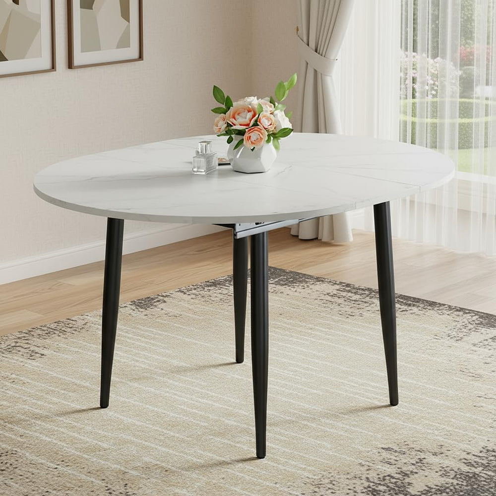 42"-54" Round to Oval Extendable Dining Room Table, White Faux Marb...