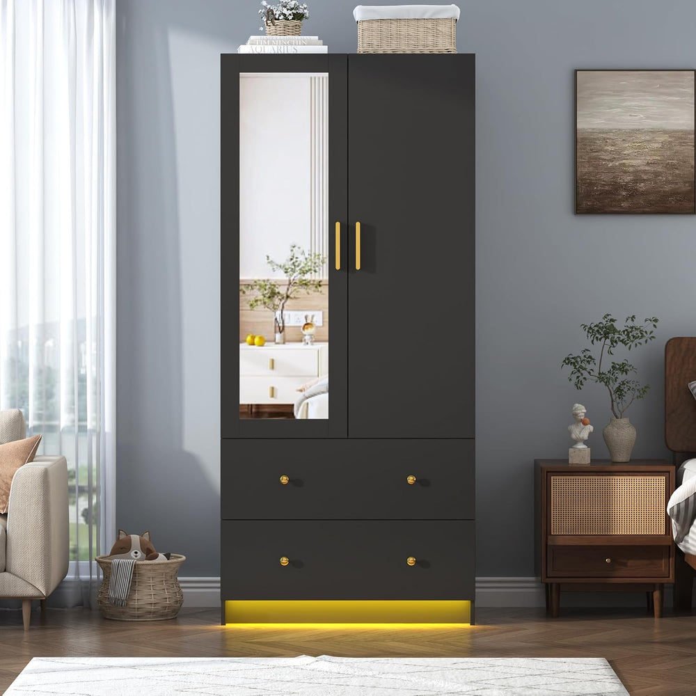 chartustriable 2 Doors Armoire Wardrobe Closet with Mirror, LED Closet with D...