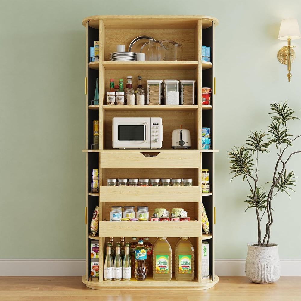 iPormis Kitchen Pantry with Sliding Doors, Tall Modern Curved Pantry Storage ...