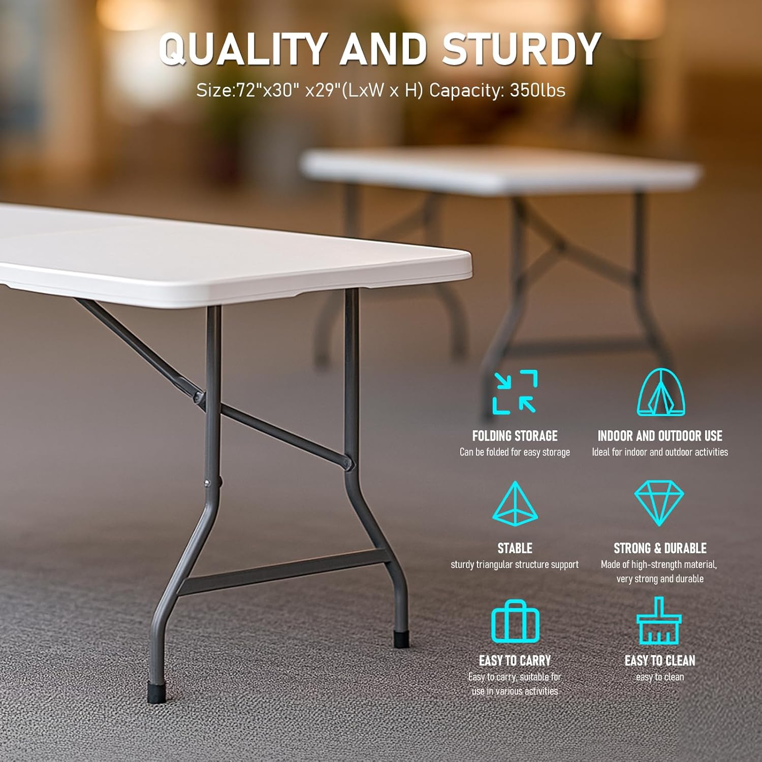 6FT Heavy Duty Folding Table, Portable Plastic Utility Table with Locking Legs & Handle, Indoor Outdoor Commercial Table for Watch Party, Tailgate, BBQ, Camping, Events, Backyard Dining White