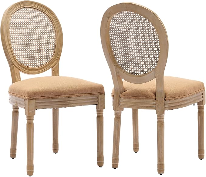 French Country Dining Chairs Set of 2, Caramel Kitchen & Dining Room Chairs Set of 2, Rattan Dining Chairs, Cane Back, Wood Legs, Sillas De Comedor (Rattan, Amber, 2Pcs)