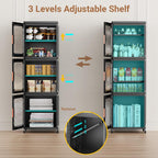 BROVIEW 4-Tier Tall Narrow Storage Cabinet 14.6” Wide, Slim Bathroom Cabinets with Adjustable Shelves and Doors, Plastic Kitchen Pantry Organizers and Storages for Small Space, Laundry, Black