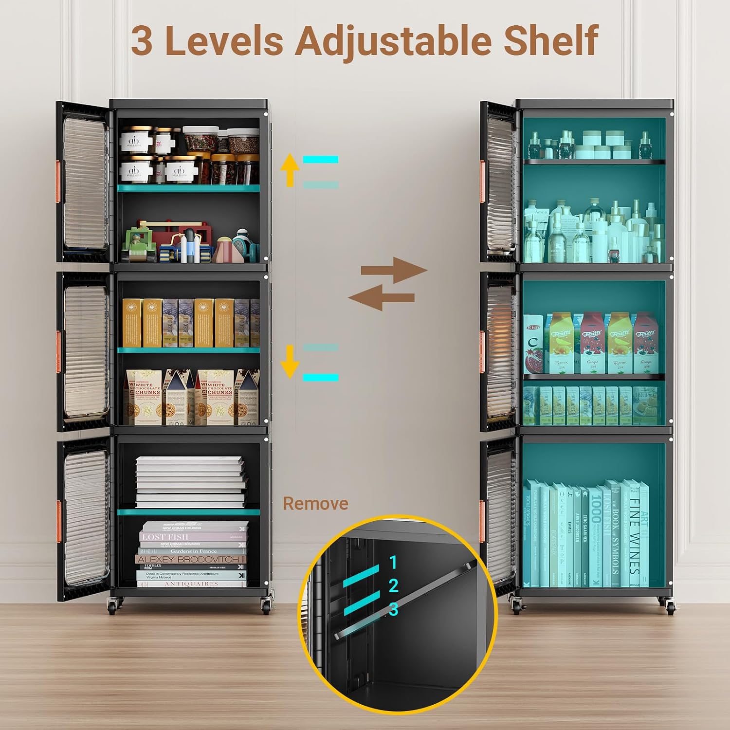 BROVIEW 4-Tier Tall Narrow Storage Cabinet 14.6” Wide, Slim Bathroom Cabinets with Adjustable Shelves and Doors, Plastic Kitchen Pantry Organizers and Storages for Small Space, Laundry, Black