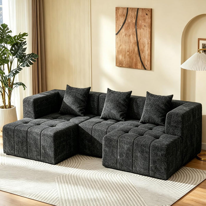 Modular Sectional Sofa with Deep Seat, Cloud Couch with 2 Movable Ottoman, No Assembly Required, Modern Plush Corduroy Cloud Couches for Living Room & Apartment, Black