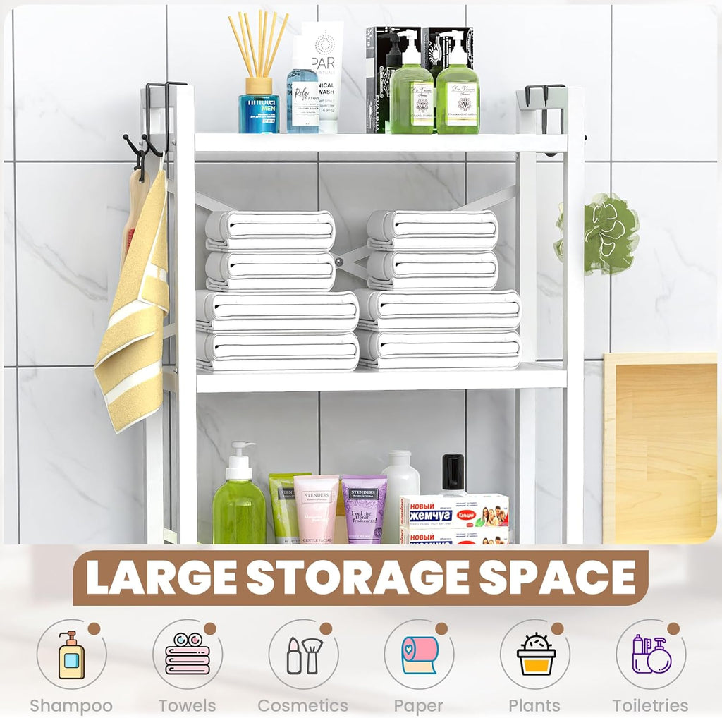 ZZL Over The Toilet Storage,3-Tier,Bathroom Toilet Organizer,Multifunctional Space Saver Freestanding Bathroom Shelves with 4 Hooks,White