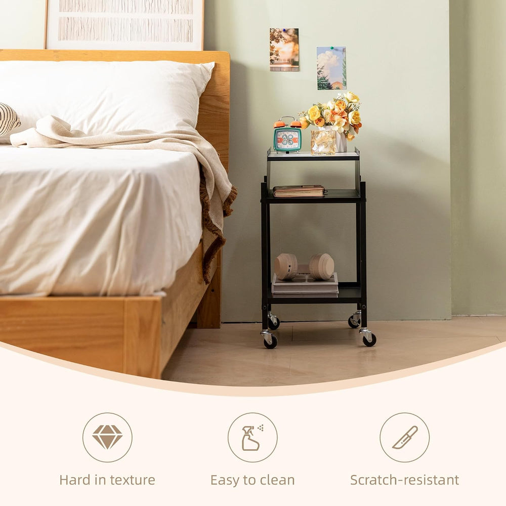 Bedside Table with Wheels Rolling Nightstand 3-Tier Sofa Side Table Modern En...