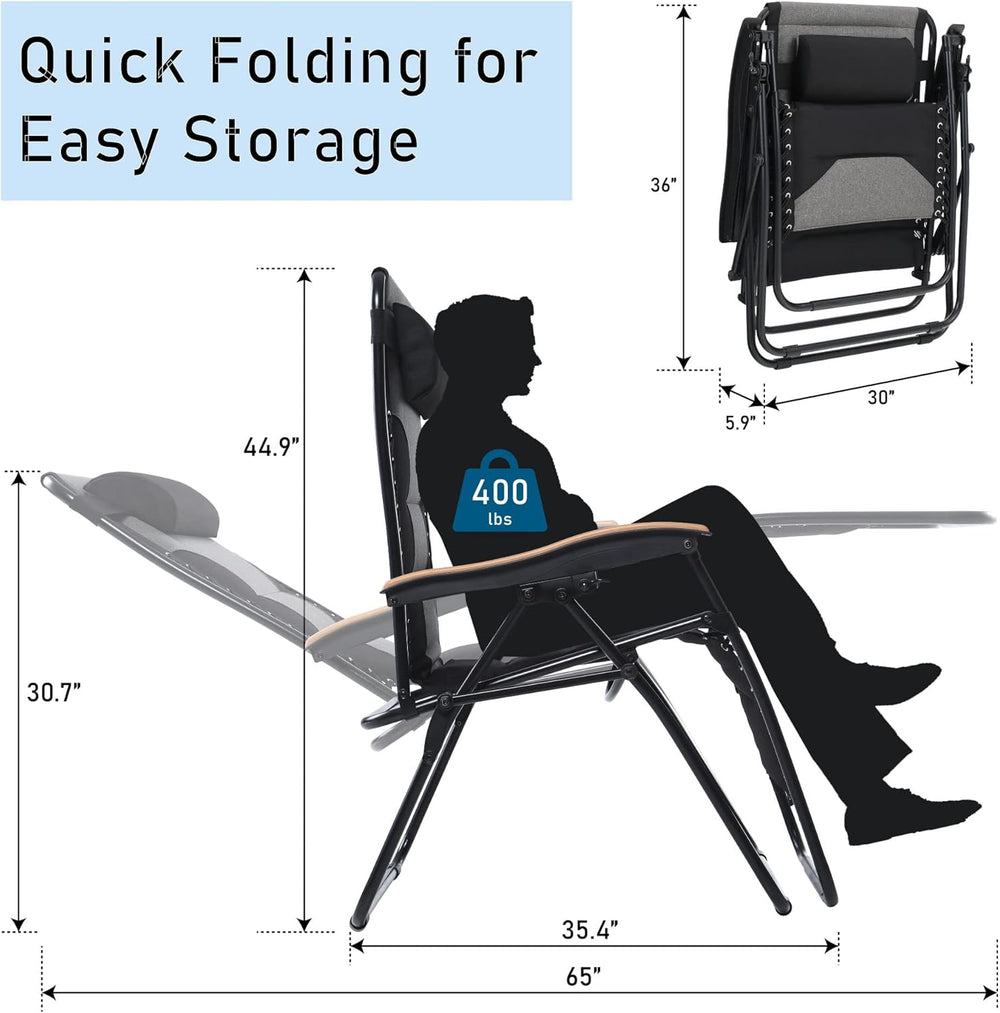 PHI VILLA XXL Oversized Padded Zero Gravity Chair, Foldable Patio Recliner, 3...
