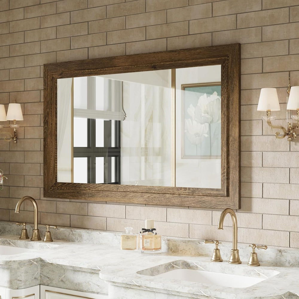Rustic Wall-Mounted Vanity Mirror, Solid Wood Frame Bathroom Mirror, Farmhous...