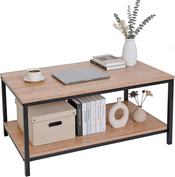 ZenStyle Industrial Coffee Table with Storage Shelf for Living Room, Wood Look Accent Furniture with Vintage Wooden Board Stable Metal Frame Cocktail Table 2-Tier Tea Table (Natural Oak, 31.5in)