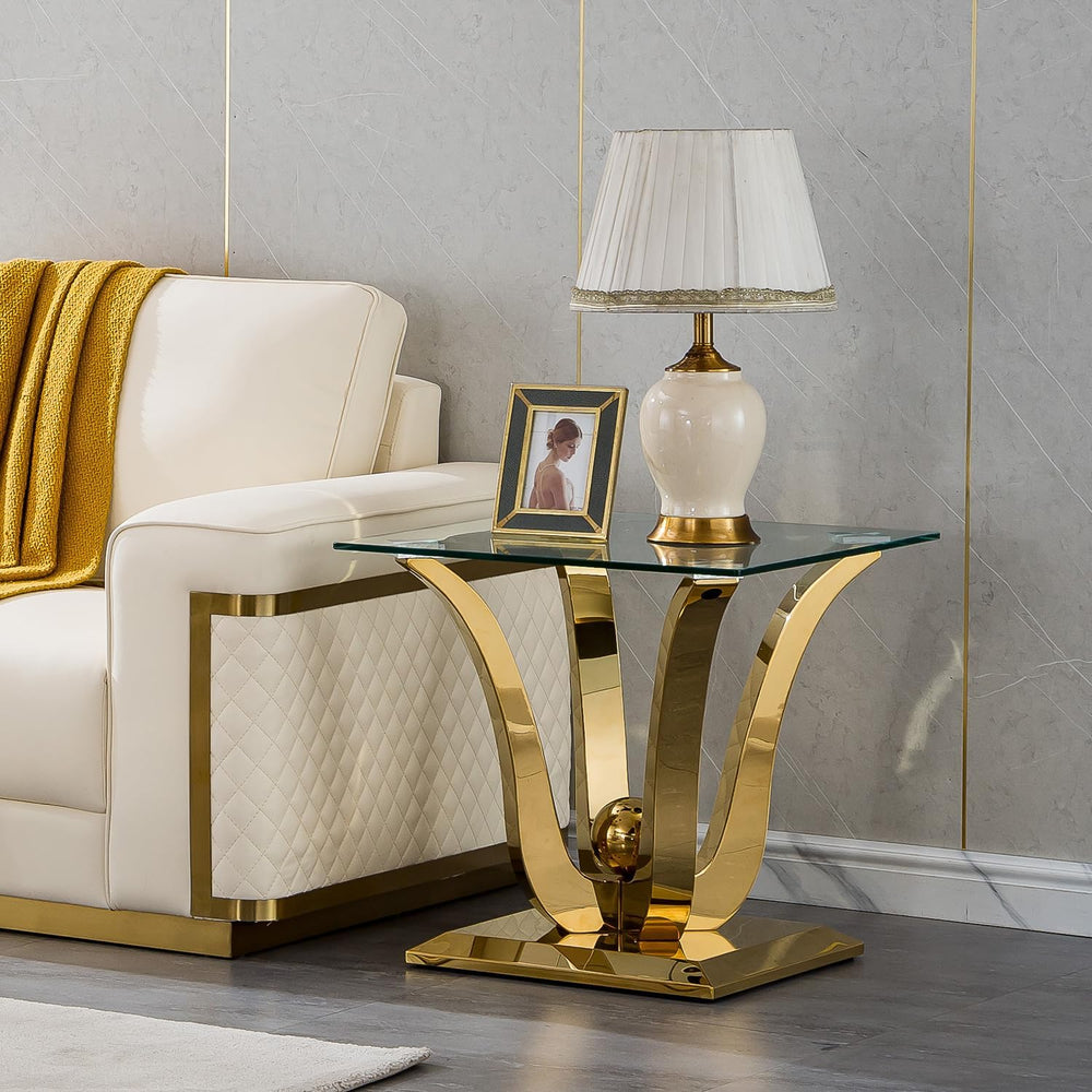 Luxury Gold Side Table, Tempered Glass Top End Table with Flower Shaped Stain...
