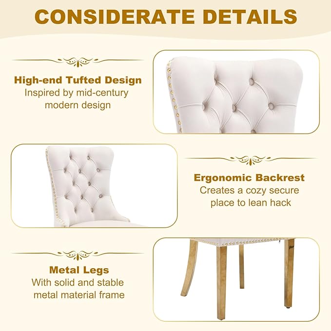 51 Inch Glass Dining Table Set for 4, Rectangular Glass Kitchen Table with 4 Upholstered Velvet Accent Chairs, 5 Piece Modern Dining Room Set, for Home, Apartment, Small Spaces - Beige Gold