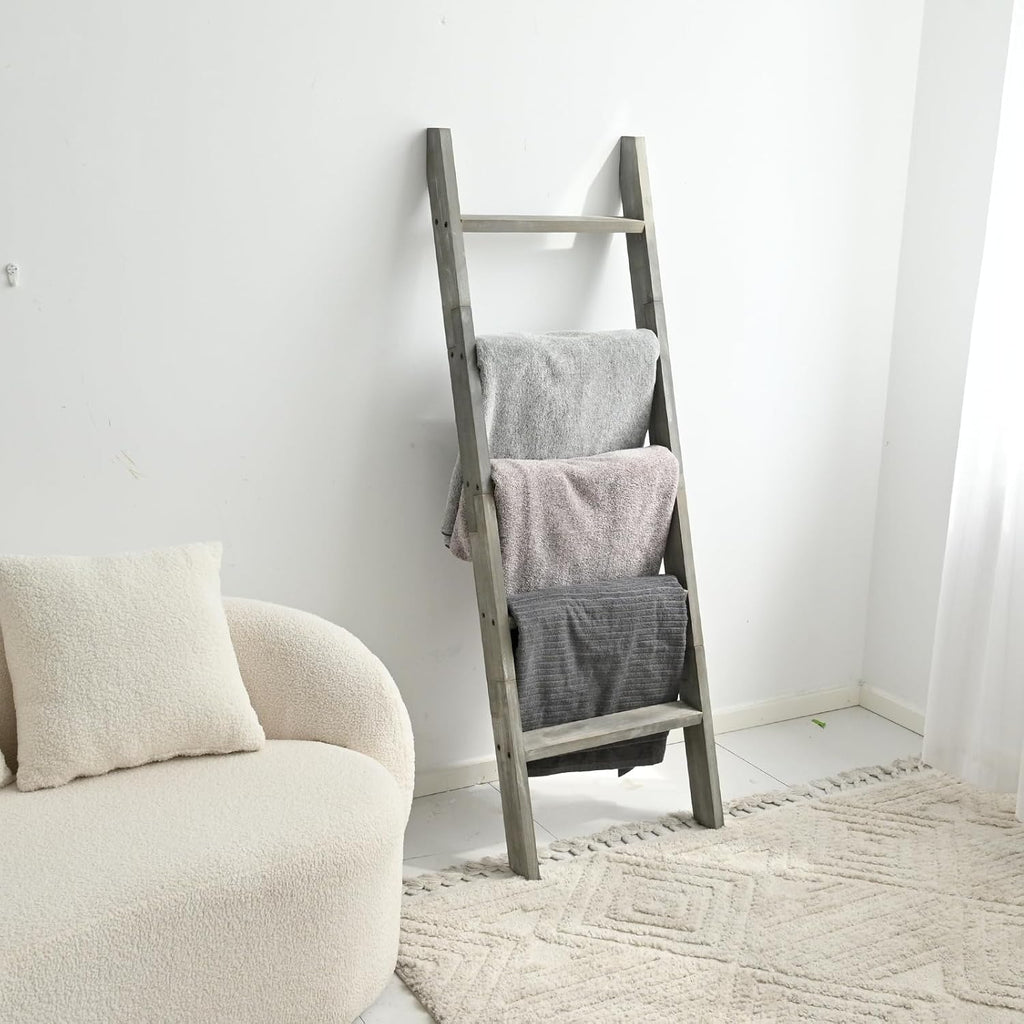 Blanket Ladder, 5ft Rectangle Rung Rustic Solid Wood Decor Rack, Grey | 5 rungs, farmhouse quilt display holder, showcase picture frames or plants, leaning wall, bathroom and living room use