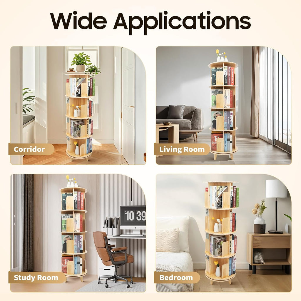 Wooden Rotating Bookshelf 360 Display Floor Standing Bookcase Storage Rack for Kids&Adults Multi-Functional Bookshelf Organizer (4-Tier)