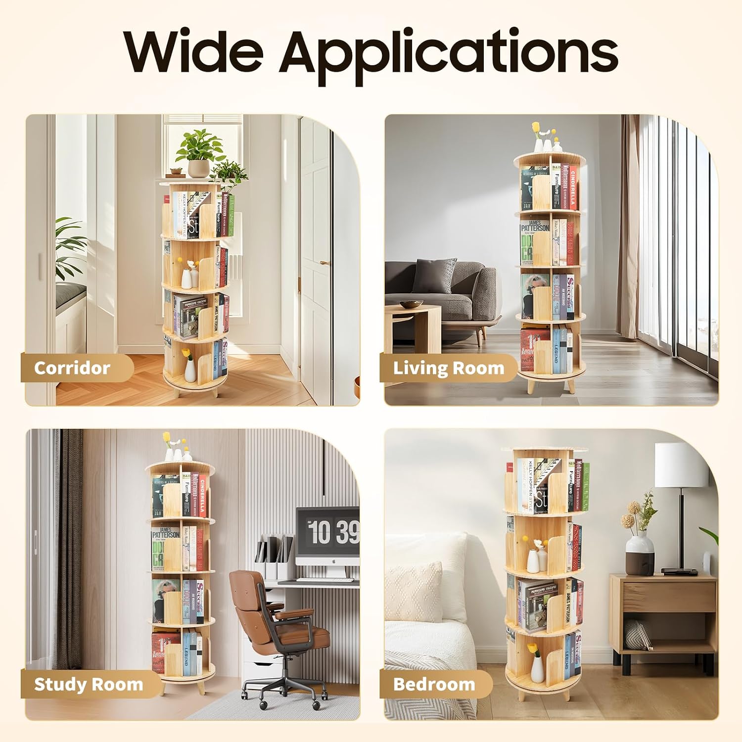Wooden Rotating Bookshelf 360 Display Floor Standing Bookcase Storage Rack for Kids&Adults Multi-Functional Bookshelf Organizer (4-Tier)