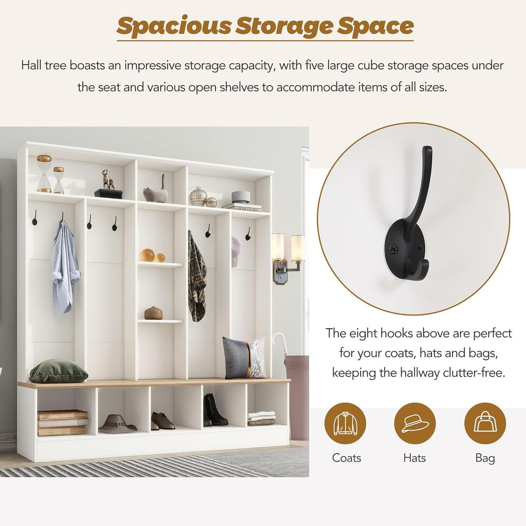 LUMISOL 4-in-1 Hall Tree with Shoe Bench, Cube Storage & Shelves, Wide Entryway Coat Rack with 8 Hooks for Mudroom Living Room, White