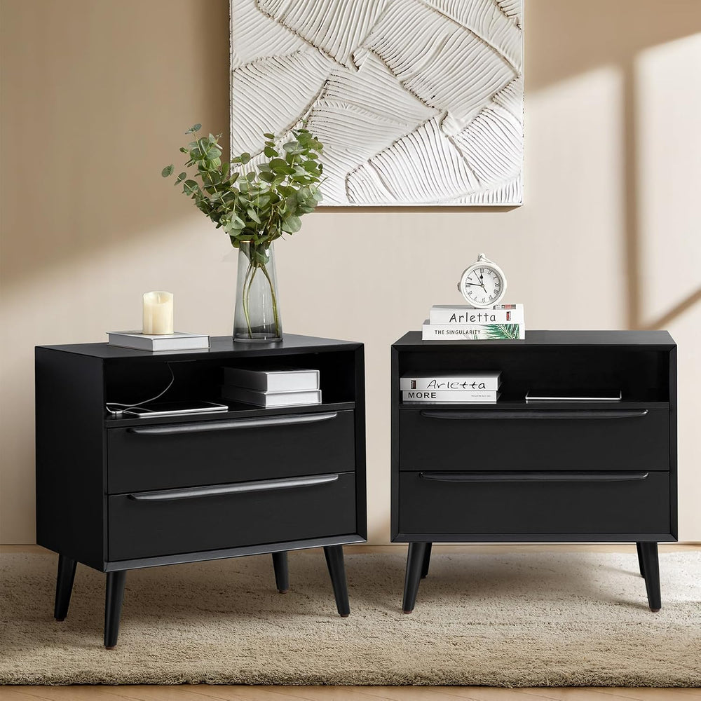 Mid-Century Modern End Table Set of 2 with Charging Station, 2 Drawers & ...