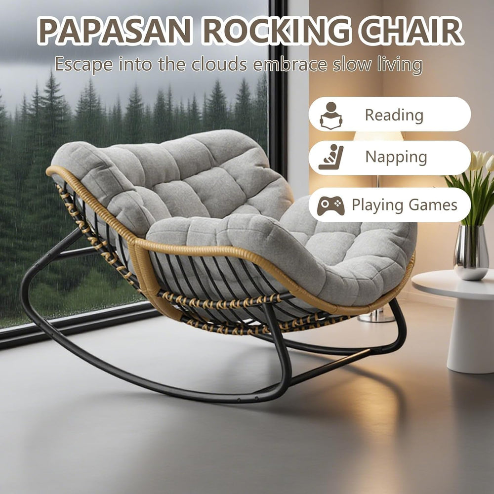Papasan Rocking Chair with Comfy Thick Cushion, Oversized Outdoor Rocking Cha...