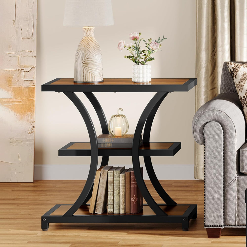 Tribesigns End Table with Storage, 3-Tier Side Table with Geometric Metal Des...