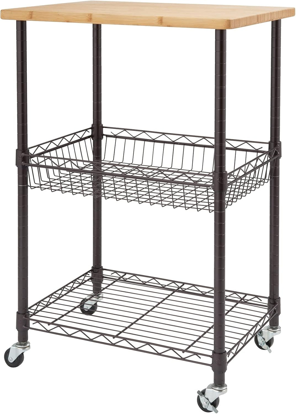 3 Tier Rolling Cart Kitchen Organizer with Bamboo Top, Metal Wire Storage Basket and Shelf for Household and Pantry Organization, Dark Bronze, 24” W x 18” D x 35” H