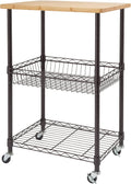3 Tier Rolling Cart Kitchen Organizer with Bamboo Top, Metal Wire Storage Basket and Shelf for Household and Pantry Organization, Dark Bronze, 24” W x 18” D x 35” H