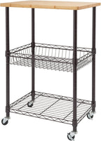 3 Tier Rolling Cart Kitchen Organizer with Bamboo Top, Metal Wire Storage Basket and Shelf for Household and Pantry Organization, Dark Bronze, 24” W x 18” D x 35” H