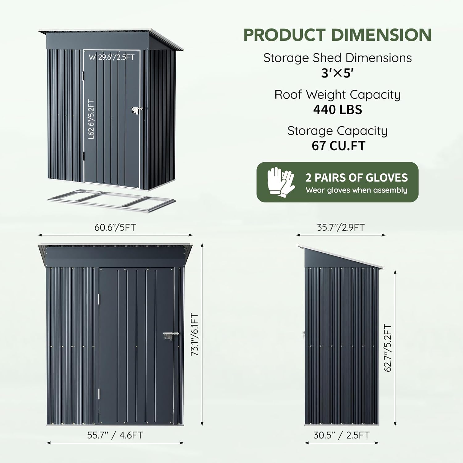 3x5 FT Outdoor Metal Storage Shed with Floor Frame, Single Door, 1 Clear Window, Tool Shed for Garden, Patio, Backyard