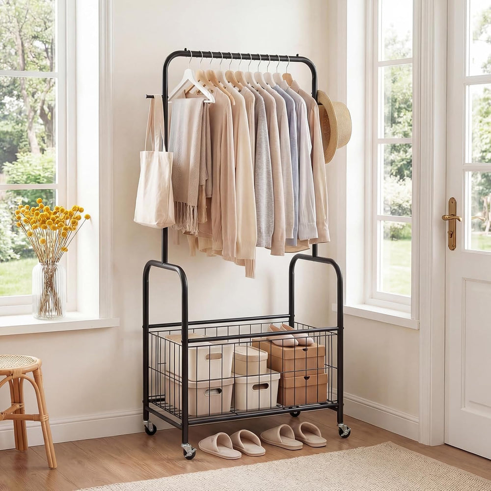 GIANTEX 35" Clothes Rack with Storage Basket,Heavy-Duty Clothing Rack wi...