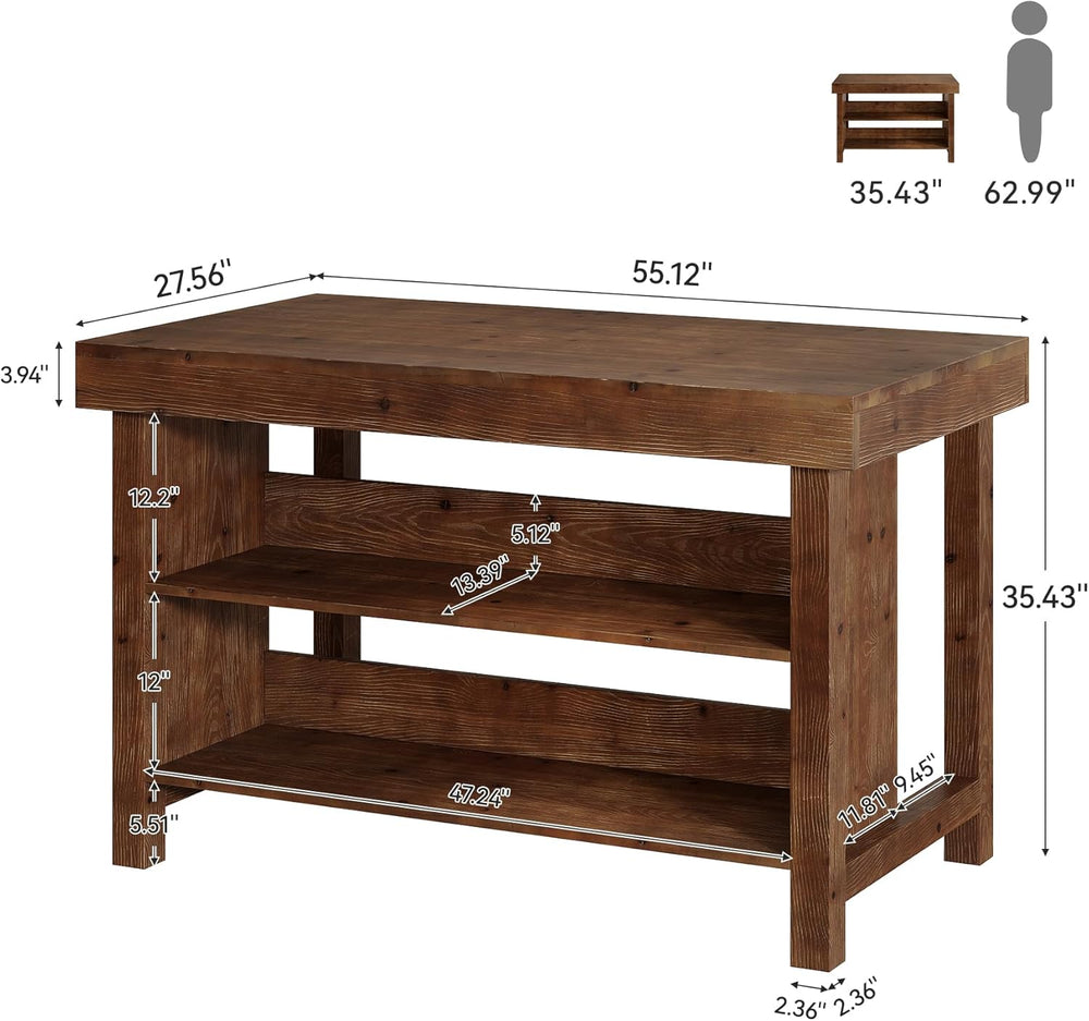 55" Solid Wood Kitchen Island with Storage, Farmhouse Kitchen Island Tab...