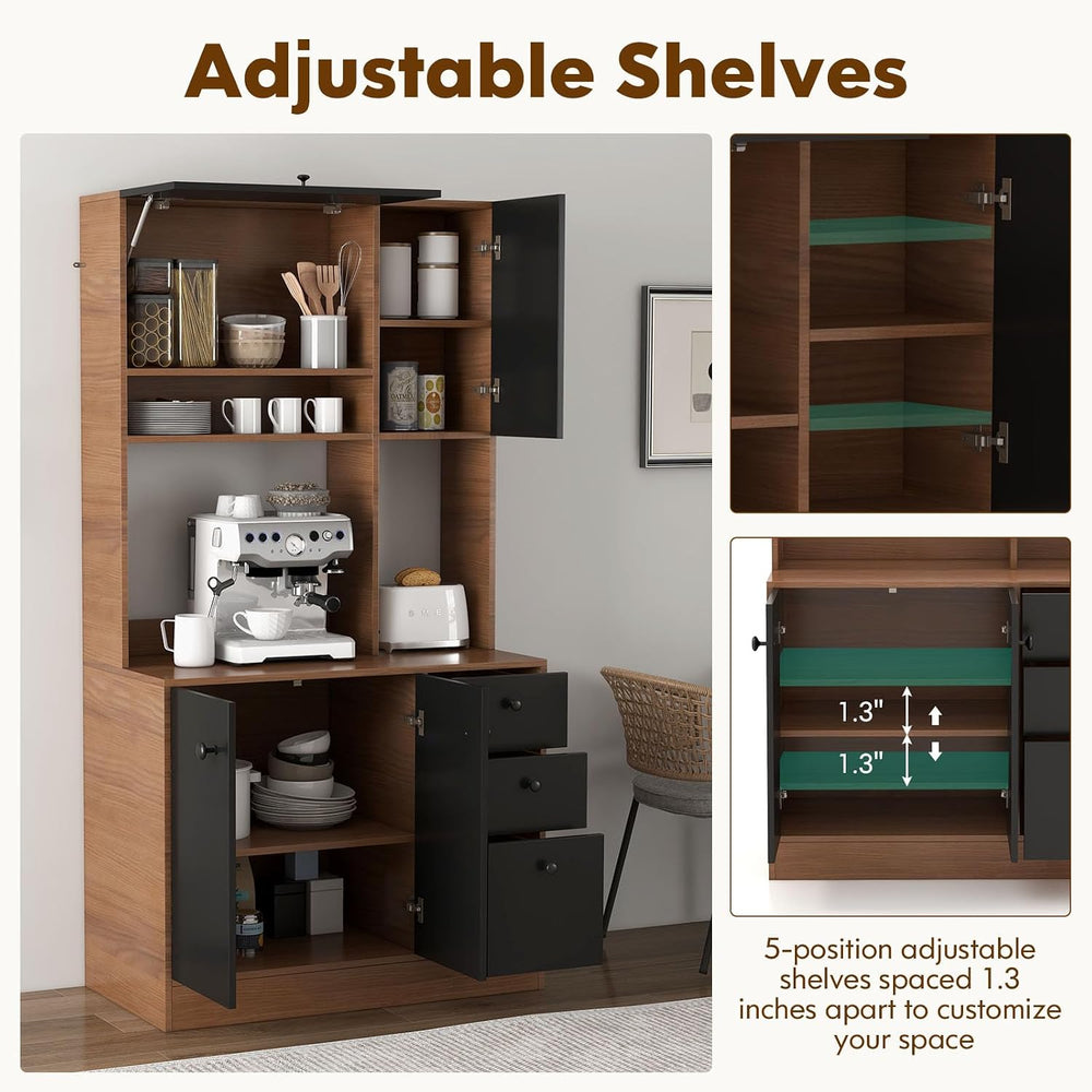 71" Large Kitchen Pantry Cabinet with Microwave Shelf, Wooden Tall Pantr...