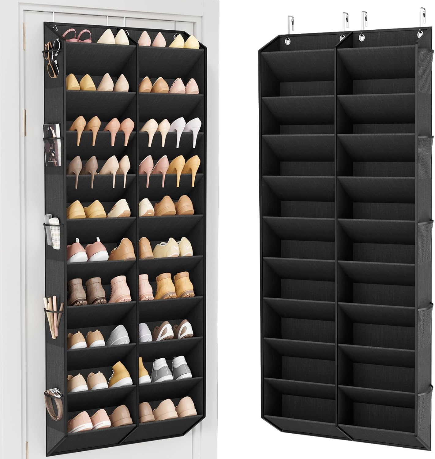 LANTEFUL Over the Door Shoe Organizer, Hanging Shoe Rack for Closet Door Shoe Storage for 30 Pairs Sneaker and Boots, Large Shoe Holder for Door with 10 Side Pockets, Space Saving, Black