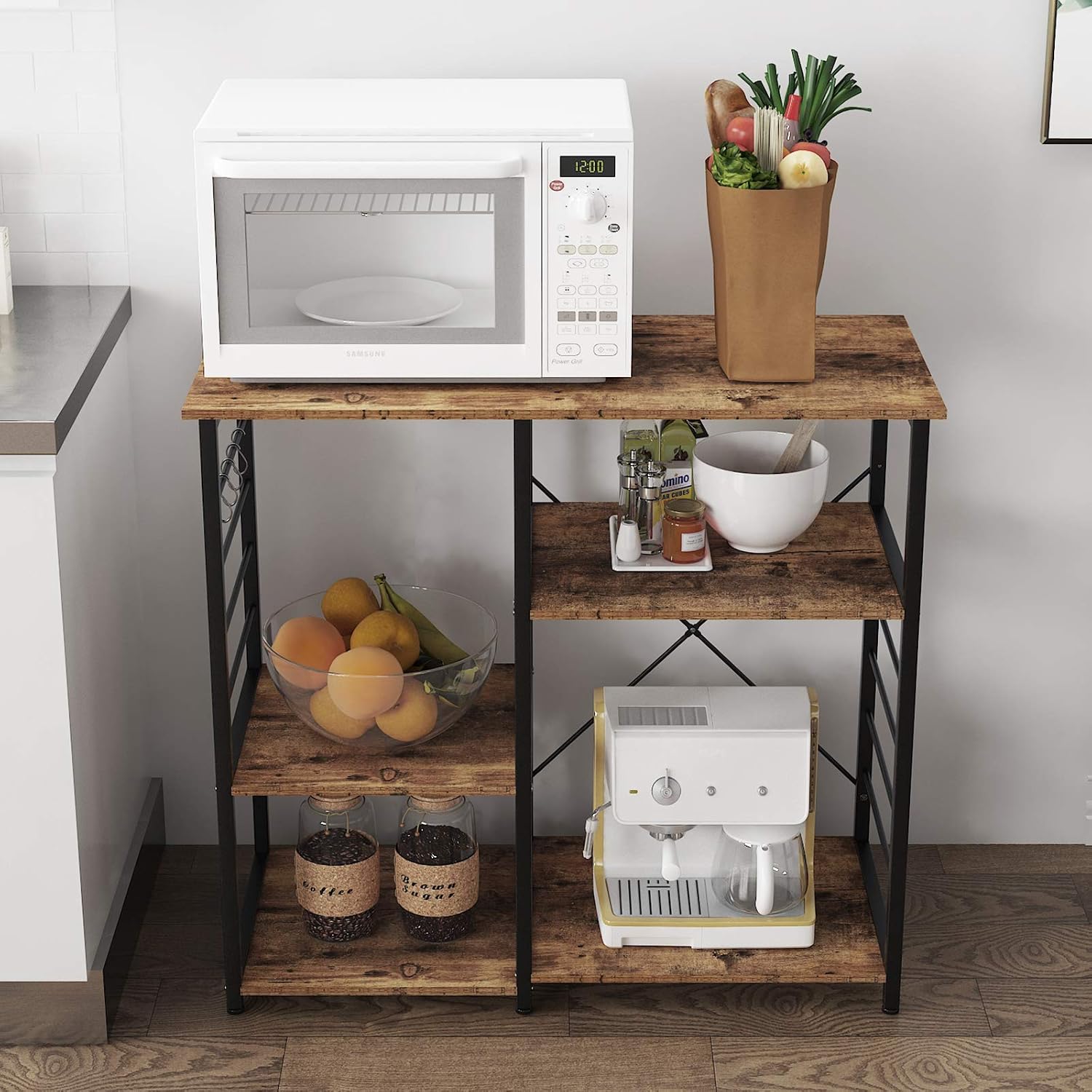 SogesPower Kitchen Baker's Rack, 3-Tier Microwave Stand Storage Rack with Different Height,Vintage Coffee Station with 5 Hooks,Organizer Workstation for Kitchen, Living Room and Corridor