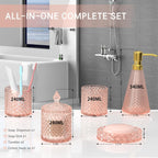 Pink Glass Bathroom Accessories Set 5 Pcs, Pink Bathroom Set, Soap Dispenser and Toothbrush Holder Set, Qtip Holder Set, Vintage Bathroom Sink Set, Cute Bathroom Decor