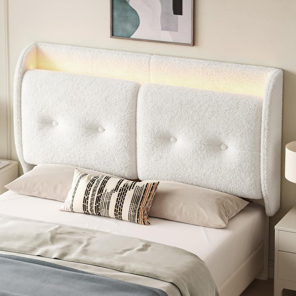 Pinmoco Queen LED Wingback Headboard with Storage & Charging, White